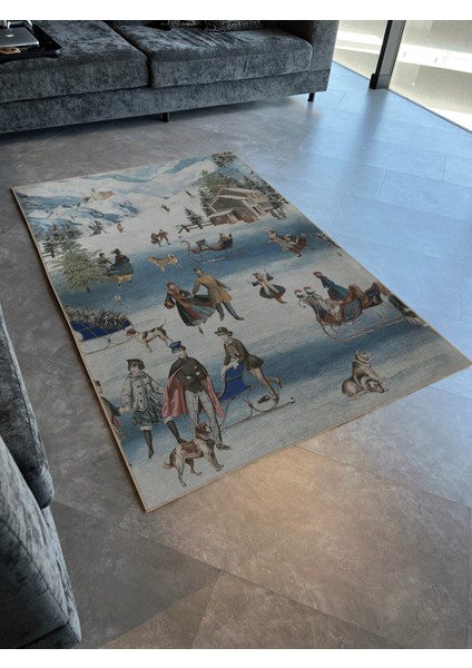 Kış Temalı Kızak Kurt ve Insan Desenli Kreatif Modern Dekoratif Halı 2714