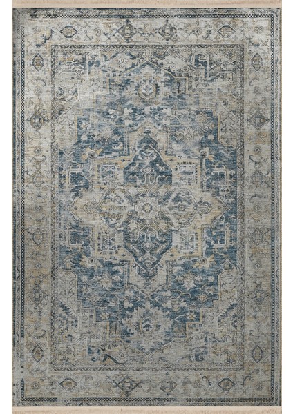 Gri Mavi Temalı Geleneksel Motif Desenli Saçaklı Vintage Dekoratif Halı 3152