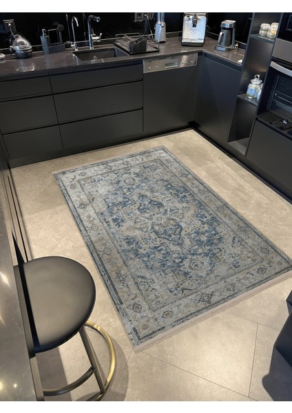 Gri Mavi Temalı Geleneksel Motif Desenli Saçaklı Vintage Dekoratif Halı 3152