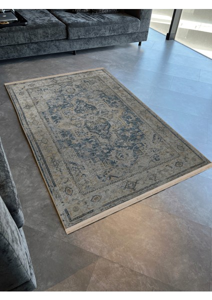 Gri Mavi Temalı Geleneksel Motif Desenli Saçaklı Vintage Dekoratif Halı 3152
