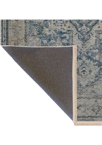 Gri Mavi Temalı Geleneksel Motif Desenli Saçaklı Vintage Dekoratif Halı 3152