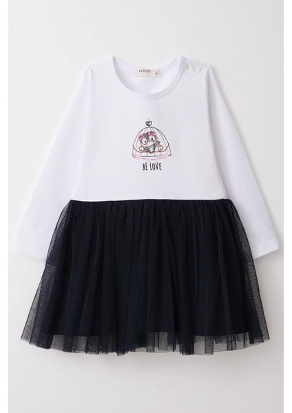 Kız Çocuk Uzun Kollu Elbise Fiyonklu Sevimli Baykuş Baskılı 1.5-5 Yaş, Beyaz