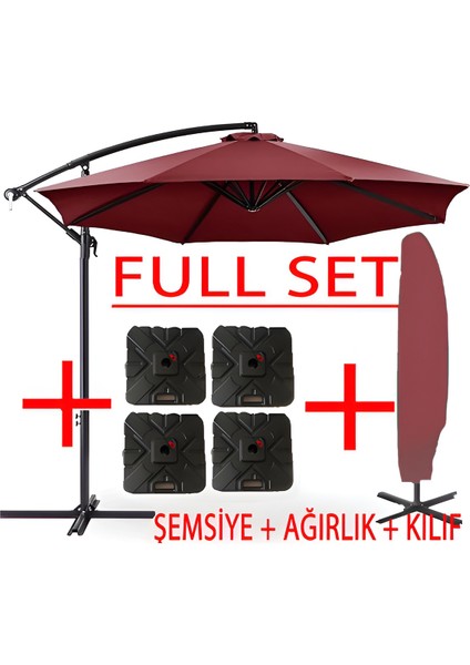 3 mt 8 Kaburga Full Demir 21 kg Bordo Bahçe Şemsiyesi Full Set Havuz Şemsiyesi Büyük Şemsiye