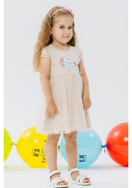 Kız Çocuk Elbise Gözlüklü Sevimli Kedicik Baskılı 1.5-5 Yaş, Bej