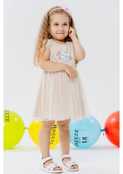 Kız Çocuk Elbise Gözlüklü Sevimli Kedicik Baskılı 1.5-5 Yaş, Bej fiyatları