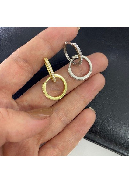 Halka Küpe Sıra Taş ve Sade Çift Taraflı Küpe Gold, Gümüş ve Rose Renk 925 Ayar Gümüş Küpe modelleri