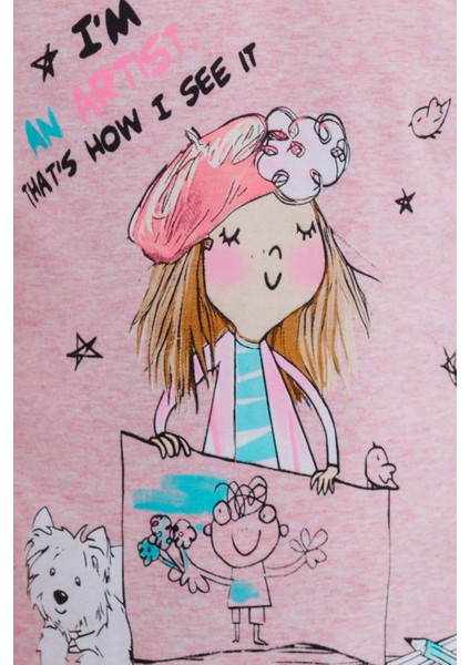 Kız Çocuk Uzun Kollu Tişört Kendini Sanatçı Hisseden Kız Baskılı 3-8 Yaş, Somon Melanj modelleri