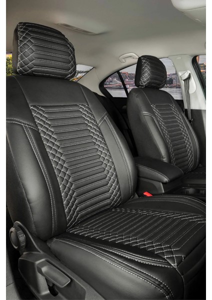 Hyundai İX35 Lüx Full Deri Oto Koltuk Kılıfı Ön Arka Takım (Exclusive) Siyah Beyaz