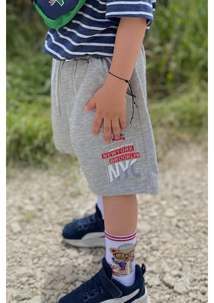 Girls & Boys Erkek Çocuk Şort Yazı Baskılı Bağcıklı Cepli 3-7 Yaş, Açık Gri Melanj