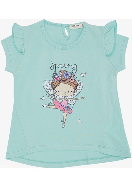Kız Çocuk Tişört Bahar Temalı Balerin Kız Baskılı 1.5-5 Yaş, Su Yeşili