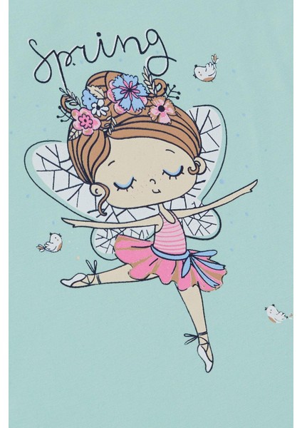 Kız Çocuk Tişört Bahar Temalı Balerin Kız Baskılı 1.5-5 Yaş, Su Yeşili fırsatları