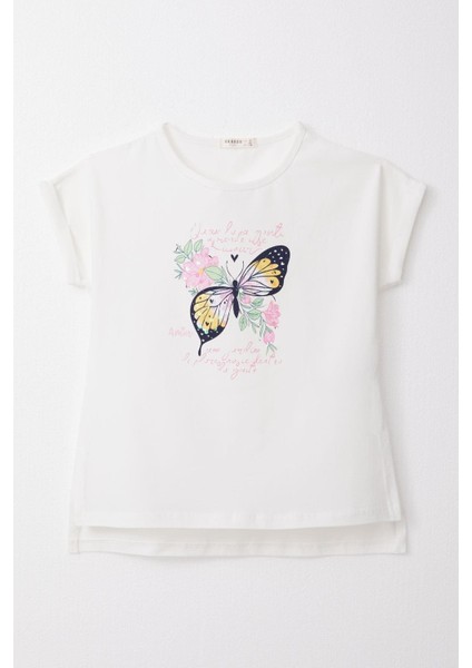 Kız Çocuk Tişört Kelebek Baskılı 10-16 Yaş, Ekru