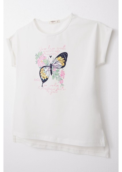 Kız Çocuk Tişört Kelebek Baskılı 10-16 Yaş, Ekru modelleri