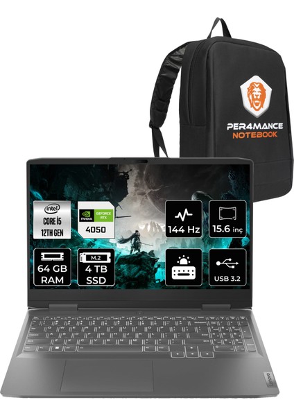 Loq Intel Core I5 12450H 64GB 4tb SSD RTX4050/6GB 15.6" Fhd 144Hz Fdos Taşınabilir Bilgisayar & Per4 Çanta 82XV00HLTXP335