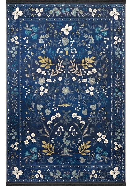 Lacivert Temalı Geleneksel Motif Çiçek Desenli Vintage Dekoratif Halı 1932