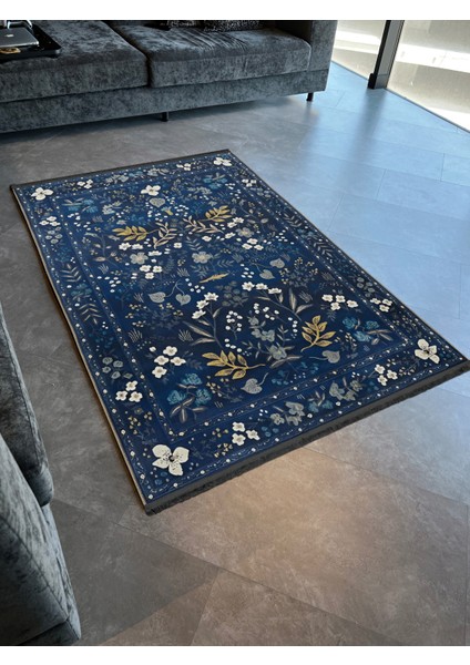 Lacivert Temalı Geleneksel Motif Çiçek Desenli Vintage Dekoratif Halı 1932 modelleri