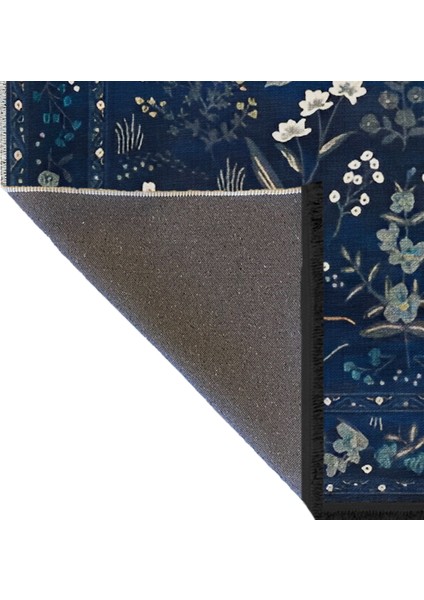 Lacivert Temalı Geleneksel Motif Çiçek Desenli Vintage Dekoratif Halı 1932 fırsatları