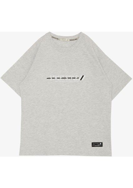 Erkek Çocuk Tişört Yazı Baskılı Armalı 9-14 Yaş, Açık Gri Melanj