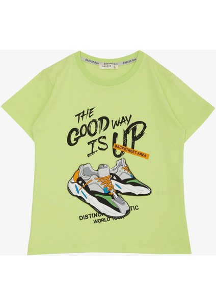 Erkek Çocuk Tişört Sokak Temalı Ayakkabı Baskılı 8-14 Yaş, Fıstık Yeşili