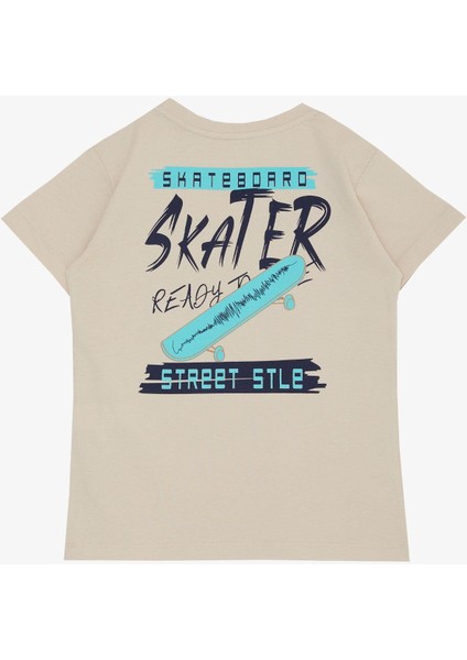 Erkek Çocuk Tişört Skateboard Baskılı 8-12 Yaş, Bej