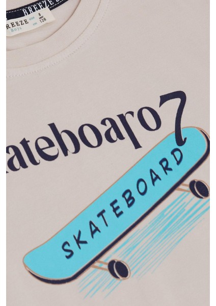 Erkek Çocuk Tişört Skateboard Baskılı 8-12 Yaş, Bej