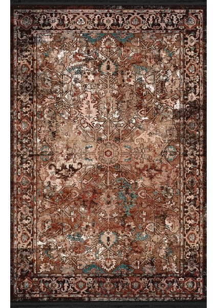 Mira Bej Ton Koyu Tema Çok Renkli Geleneksel Motif Etnik Desenli Vintage Dekoratif Halı Mira 1587