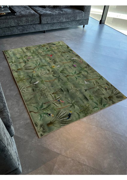 Yeşil Orman Temalı Kuş ve Ağaç Desenli Kreatif Modern Dekoratif Halı 2184 modelleri