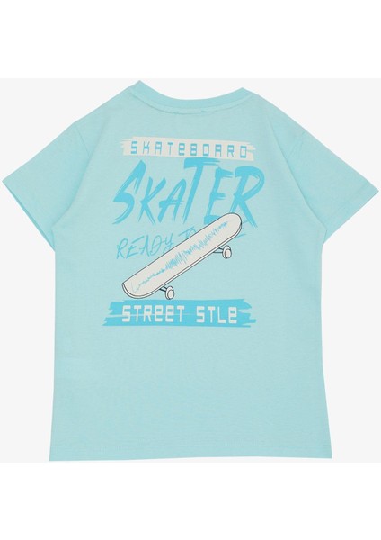 Erkek Çocuk Tişört Skateboard Baskılı 8-12 Yaş, Açık Mavi