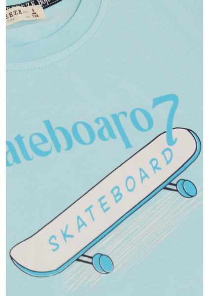 Erkek Çocuk Tişört Skateboard Baskılı 8-12 Yaş, Açık Mavi