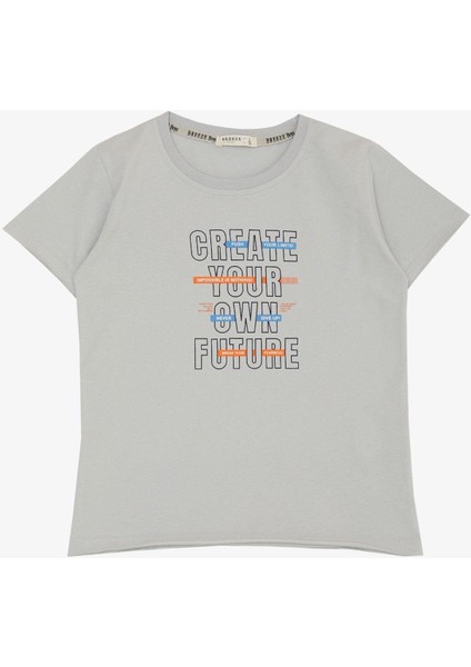 Erkek Çocuk Tişört Yazı Baskı Detaylı Etek Ucu Kolu Pis Kesim 8-14 Yaş, Açık Gri