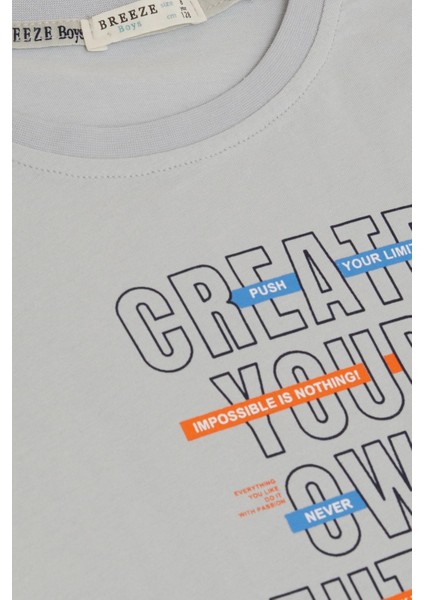 Erkek Çocuk Tişört Yazı Baskı Detaylı Etek Ucu Kolu Pis Kesim 8-14 Yaş, Açık Gri modelleri