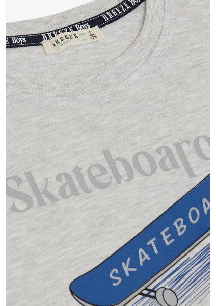 Erkek Çocuk Tişört Skateboard Baskılı 8-12 Yaş, Açık Gri Melanj