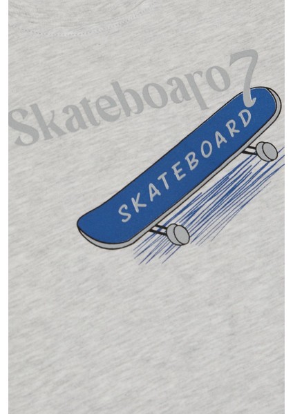 Erkek Çocuk Tişört Skateboard Baskılı 8-12 Yaş, Açık Gri Melanj