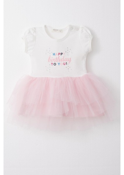Kız Bebek Elbise Doğum Günü Temalı Yazı Nakışlı 6 Ay-2 Yaş, Beyaz