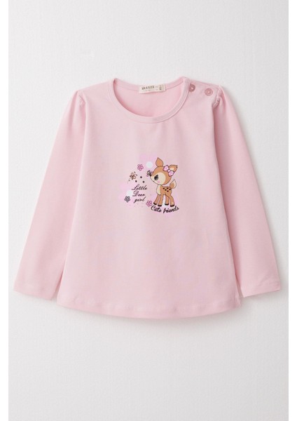 Kız Bebek Uzun Kollu Tişört Sevimli Ceylancık Baskılı 9 Ay-3 Yaş, Pembe
