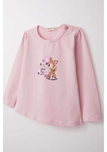 Kız Bebek Uzun Kollu Tişört Sevimli Ceylancık Baskılı 9 Ay-3 Yaş, Pembe modelleri