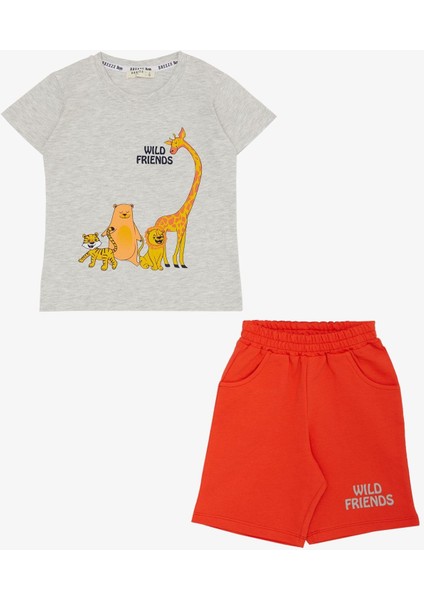 Erkek Bebek Şortlu Takım Güçlü Arkadaşlar Temalı 9 Ay-3 Yaş, Açık Gri Melanj