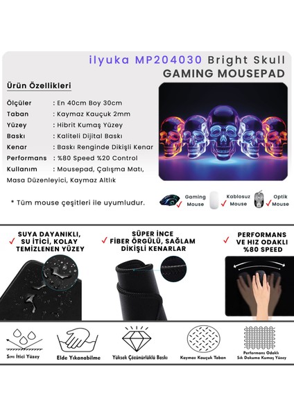 40X30CM Gaming Oyuncu Mousepad Kaymaz Kauçuk Taban Dikişli Kenar Bright Skull MP204030