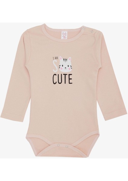 Kız Bebek Çıtçıtlı Zıbın Body Sevimli Kedicik Baskılı 9 Ay-3 Yaş, Pudra