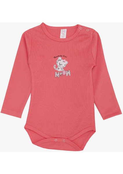 Kız Bebek Çıtçıtlı Zıbın Body Sevimli Bebek Kedicik Baskılı 9 Ay-3 Yaş, Mercan