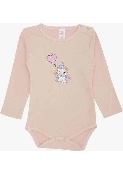 Kız Bebek Çıtçıtlı Zıbın Body Balonlu Unicorn Baskılı 9 Ay-3 Yaş, Pudra