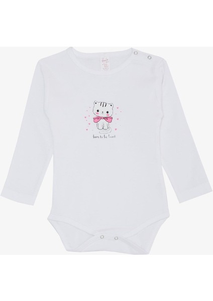 Kız Bebek Çıtçıtlı Zıbın Body Sevgi Temalı Kedicik Baskılı 9 Ay-3 Yaş, Beyaz