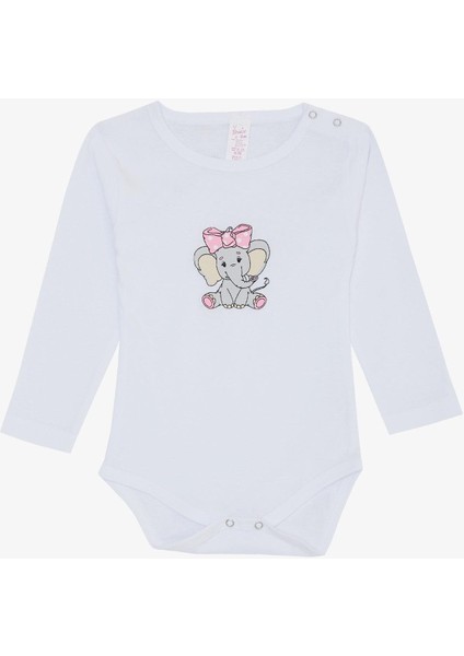 Kız Bebek Çıtçıtlı Zıbın Body Bandanalı Fil Baskılı 9 Ay-3 Yaş, Beyaz