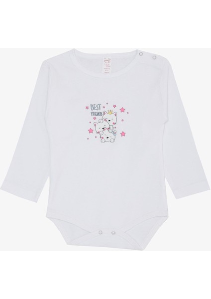 Kız Bebek Çıtçıtlı Zıbın Body Dostluk Temalı Prenses Kedicikler Baskılı 9 Ay-3 Yaş, Beyaz