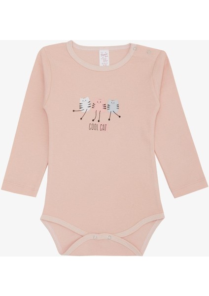 Kız Bebek Çıtçıtlı Zıbın Body Havalı Kedicikler Baskılı 9 Ay-3 Yaş, Pudra