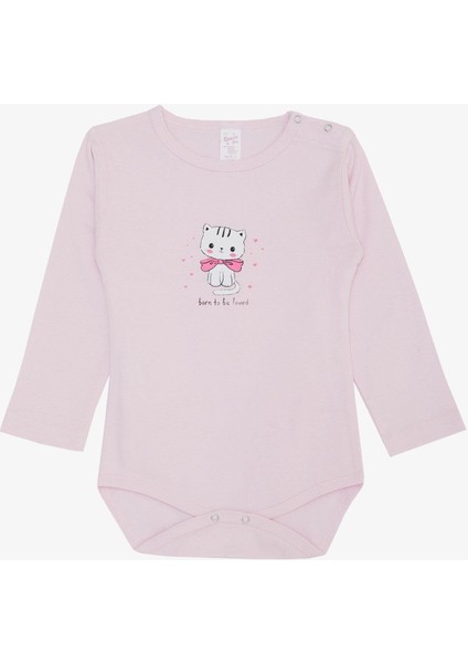 Kız Bebek Çıtçıtlı Zıbın Body Sevgi Temalı Kedicik Baskılı 9 Ay-3 Yaş, Pembe