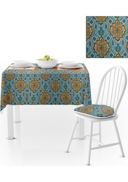 Damask Desenli Hardal Mavi Masa Örtüsü 140x140