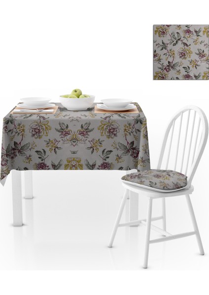 Çiçek Desenli Eskitme Yeşil Mürdüm Masa Örtüsü 140x140