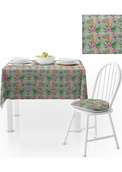Zambak Desenli Mint Zemin Yeşil Pembe Masa Örtüsü 140x140