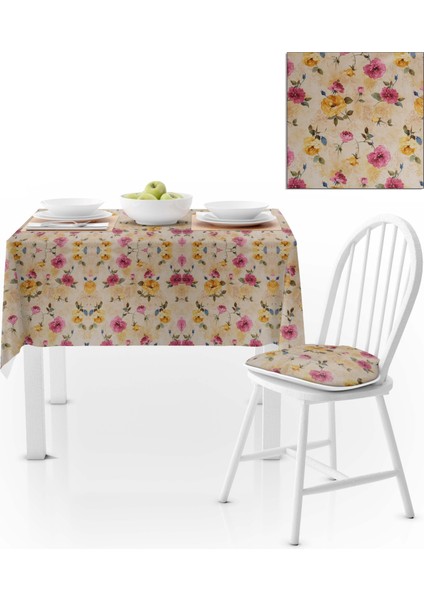 Gül Desenli Modern Sarı Pembe Masa Örtüsü 140x140